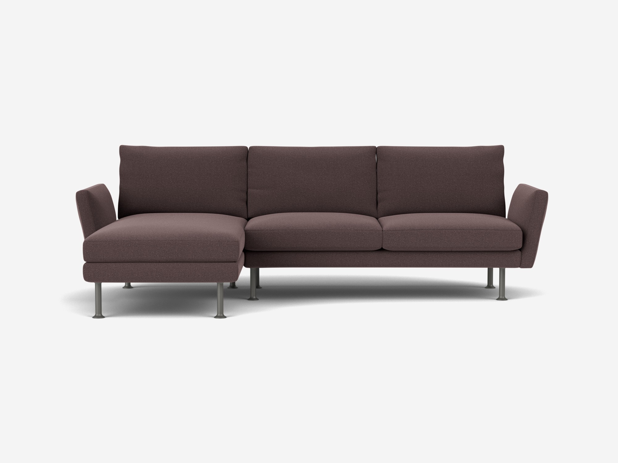 Brown sectional sofa with low arms and left facing chaise front view